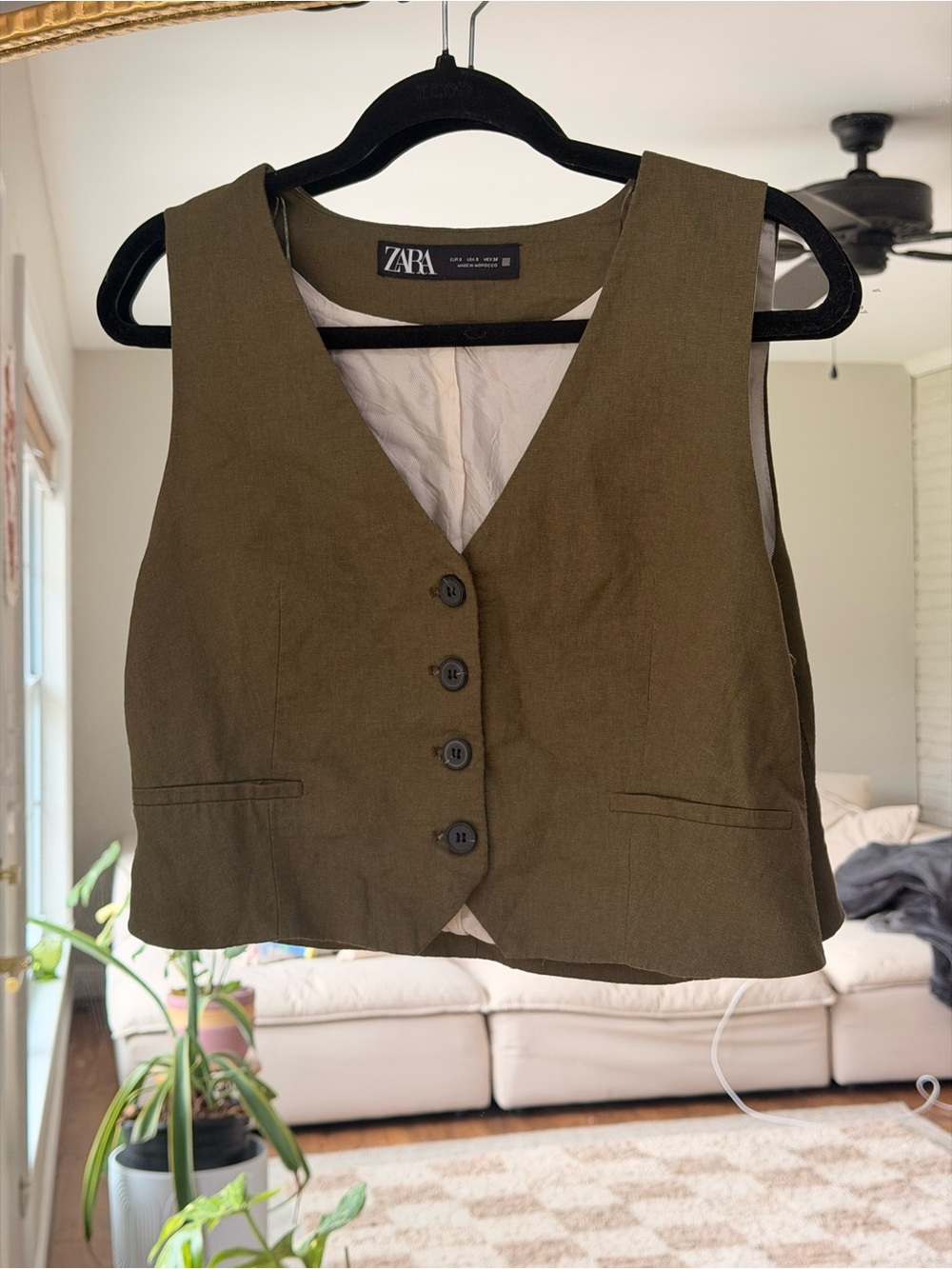 Zara Olive Green Tailored Linen Blend Vest Size S
